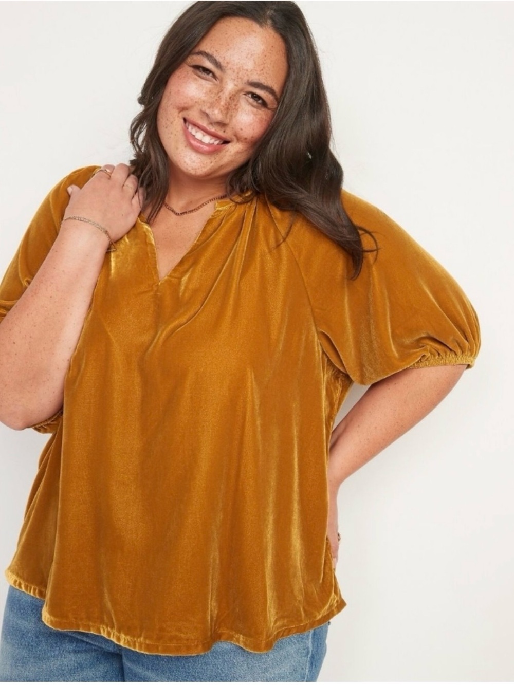 Old Navy Velvet Split-Neck Puff Sleeve Top - Mustard